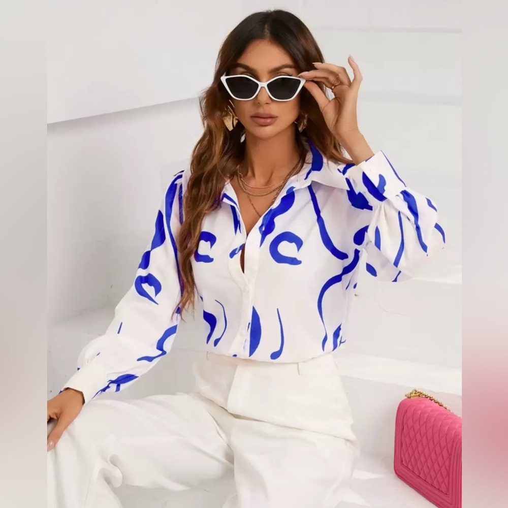 White Blouse with Electric Blue Abstract Swirl Print- Chic Style